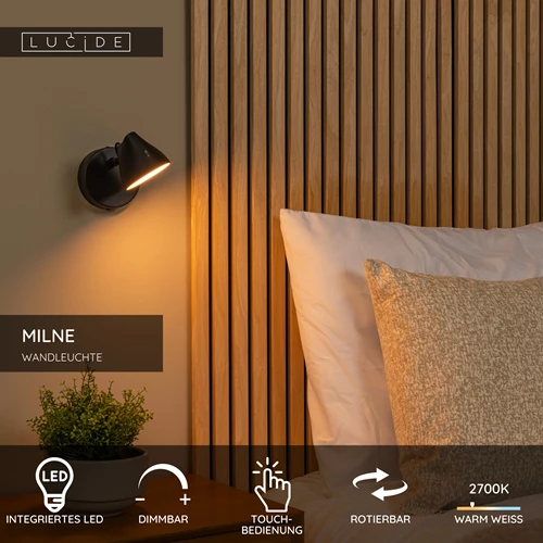 Lucide MILNE - Wandleuchte - LED Dim. - 1x8W 2700K - Schwarz - USP